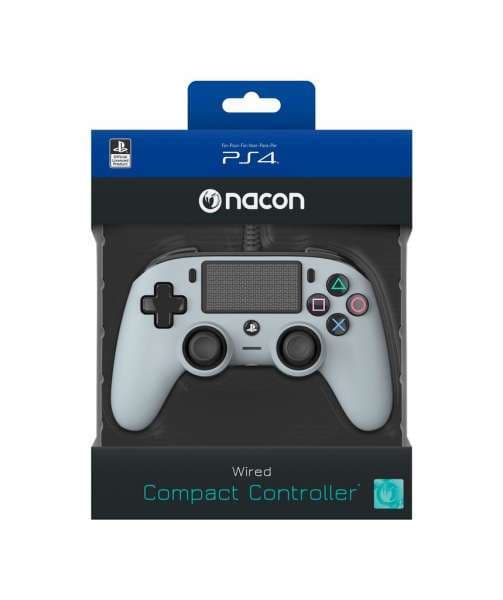 Grey wired compact controller for PS4 by Nacon, featuring a textured grip, dual analog sticks, and PlayStation button layout, packaged in a blue and black box.