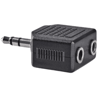 Black Nedis stereo audio adapter, 3.5 mm male plug to dual 3.5 mm female ports, compact rectangular design.