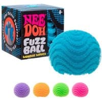 NeeDoh Fuzz Ball Wonder Waves, blue textured squishy ball with wavy patterns, shown with packaging and colorful variants.