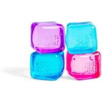"NeeDoh Teenie Nice Ice Baby squishy cubes in translucent pink, blue, and purple, stacked in a playful arrangement"