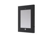 Black lockable wall mount for 9.7" tablets, featuring a sleek design with a secure enclosure and a front cutout for camera access.