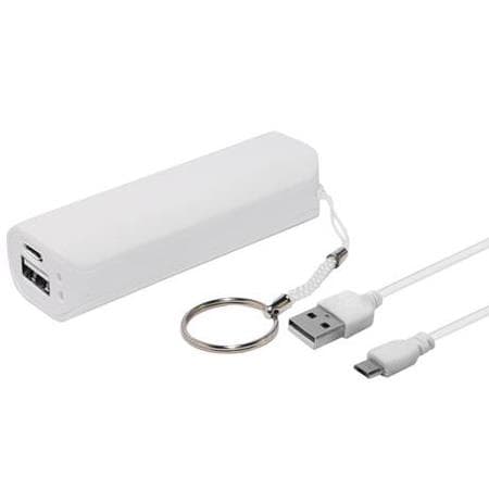 White NeoXeo 1500WT power bank with a sleek design, featuring a USB output, keychain attachment, and a USB-C charging cable.