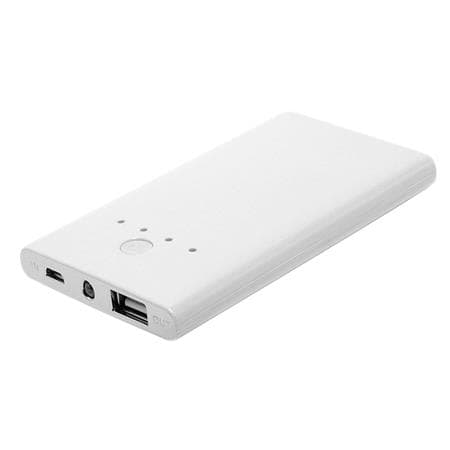 White Neoxeo 3000 power bank with a smooth finish, featuring USB and micro USB ports, four LED indicator lights, and a compact design for portability.