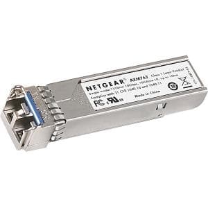 Netgear SFP+ transceiver in silver metal, featuring a blue LC duplex connector, labeled AXM76310000S, designed for 10GBASE-LRM data networking and optical networks.