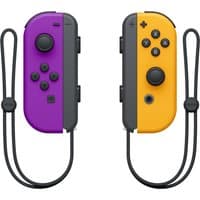 Nintendo Joy-Con gamepads, one purple and black, one orange and black, with buttons and wrist straps.