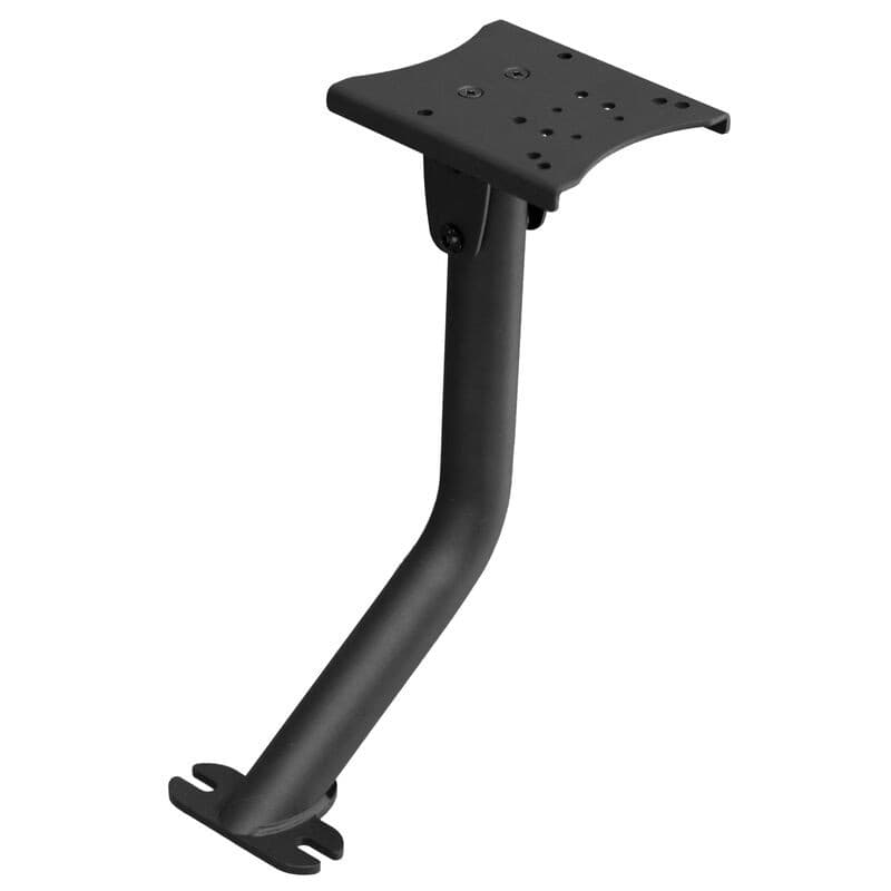 Black metal gear shift holder with a curved support arm and a flat top plate featuring multiple mounting holes for sim racing setups.