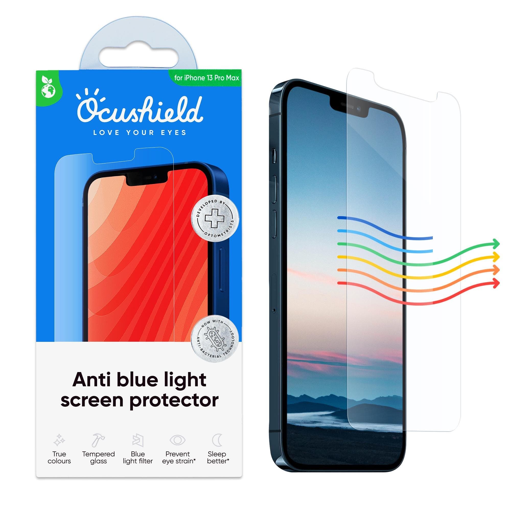 Ocushield Anti Blue Light Screen Protector packaging beside an iPhone 13 Pro Max, featuring a clear, anti-glare tempered glass design with colorful light wave graphics.