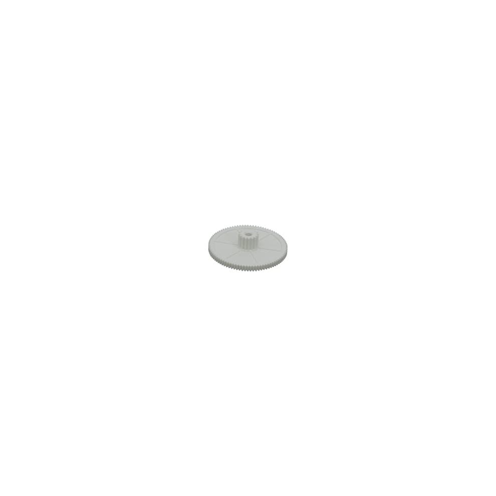 White plastic gear with a central hub and fine teeth around the edge, designed for use in mechanical applications.