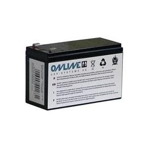 Black rectangular battery with a label featuring the brand "ONLINE USV-Systeme," recycling symbols, and safety warnings, designed for UPS systems.