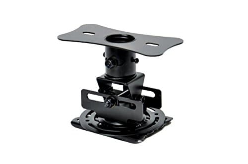 Black metal projector mount with adjustable arms and a circular opening at the top, designed for ceiling or wall installation, featuring a sturdy base for secure attachment.