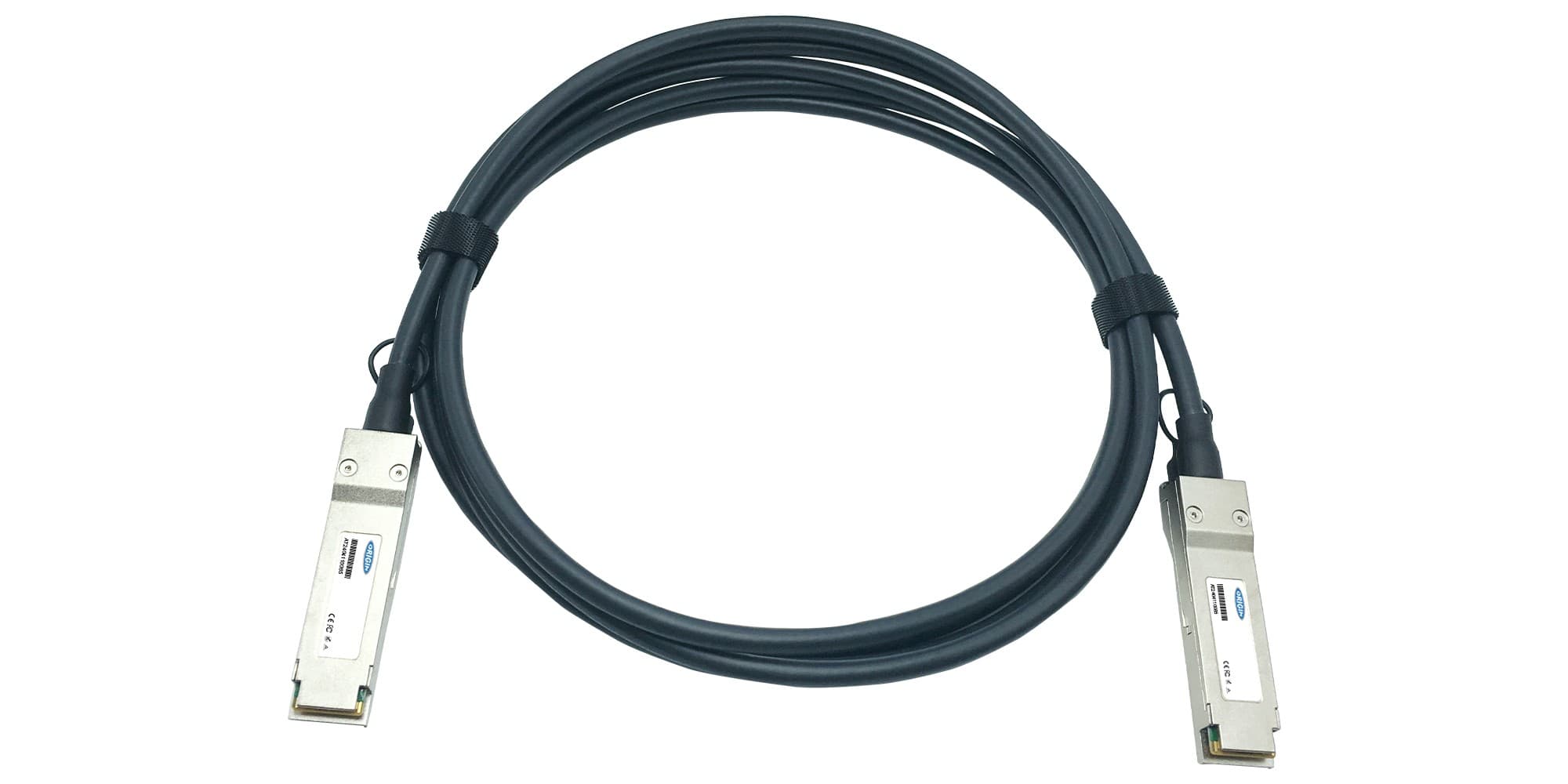 Black direct attach copper cable with two silver QSFP connectors at each end, designed for high-speed data transmission, compatible with Brocade systems.