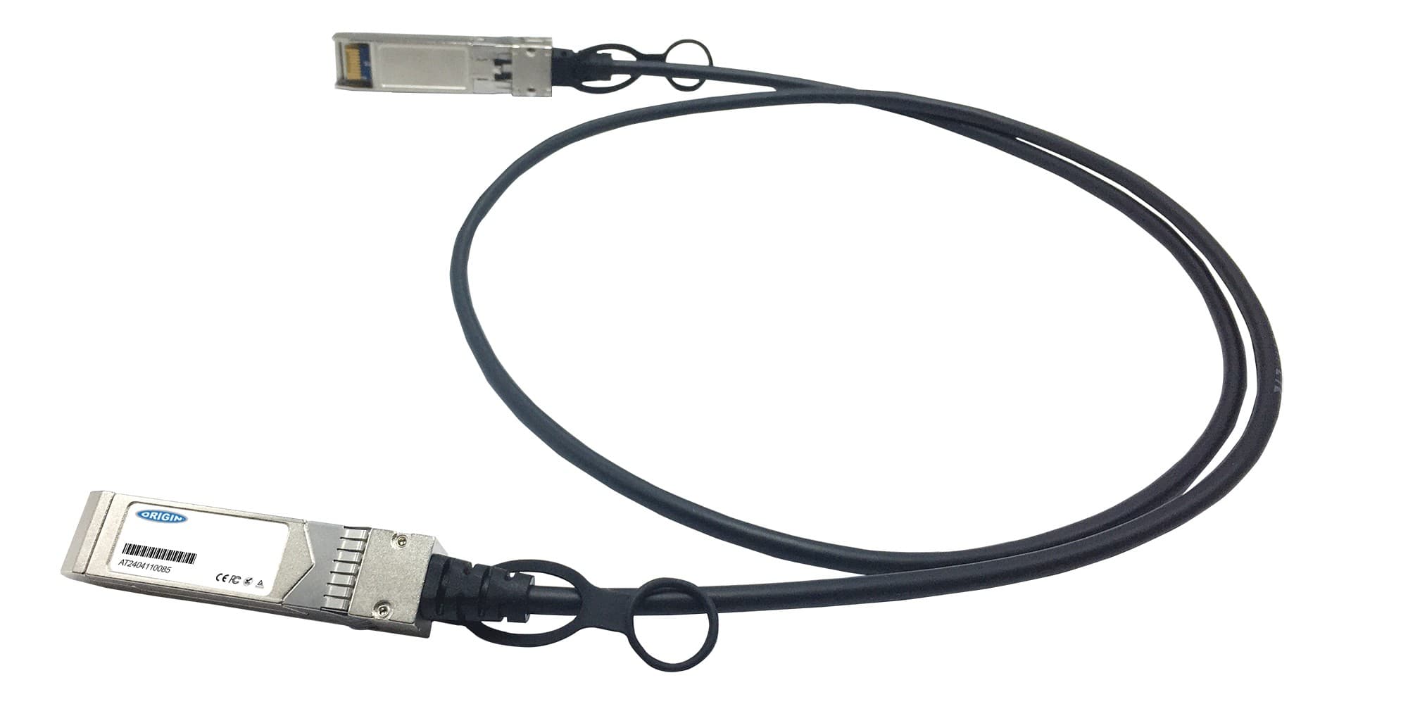 Black direct attach copper cable with two metal connectors at each end, designed for IBM compatibility, featuring a flexible design and labeled with product information.