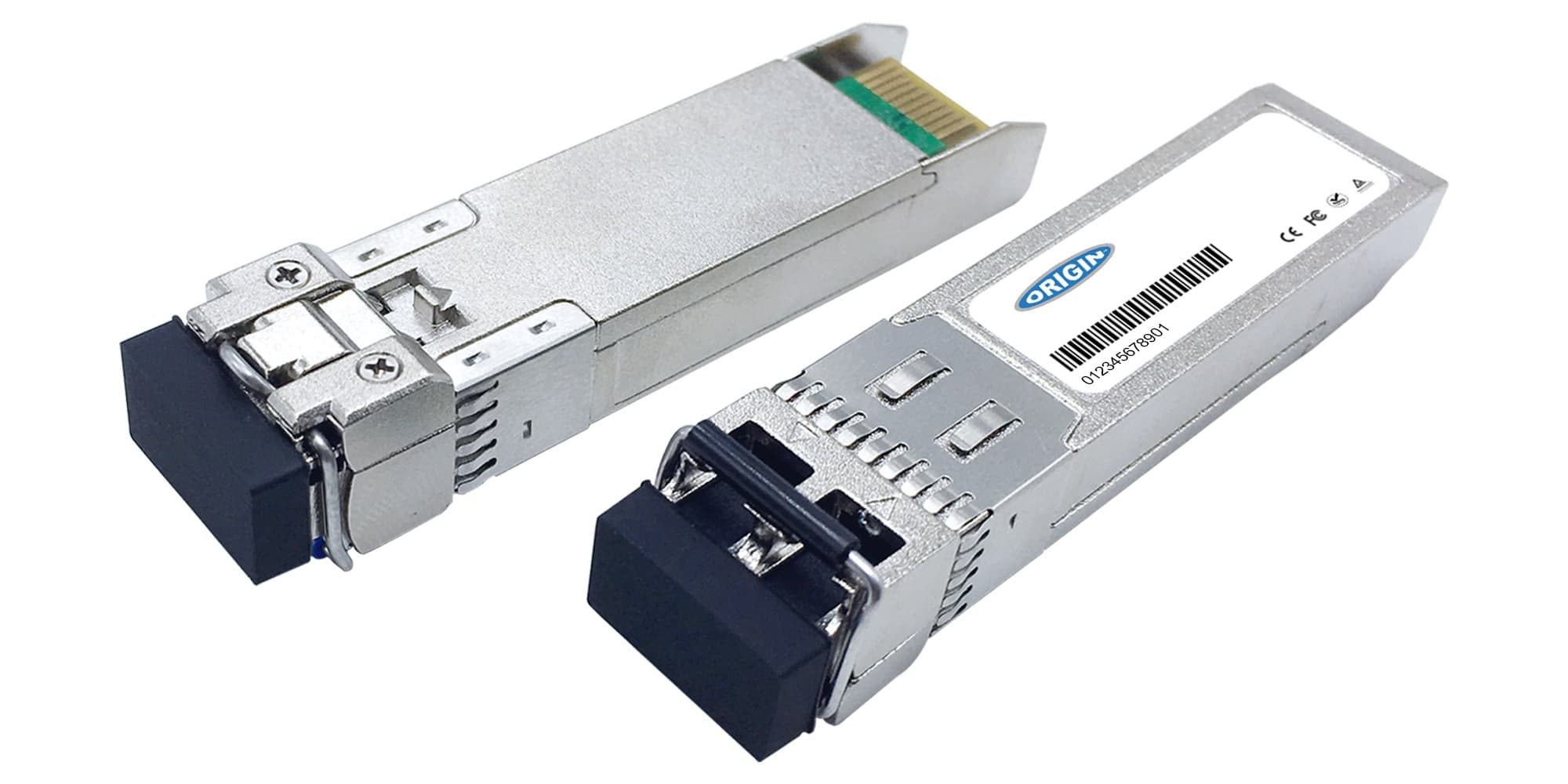Finisar-compatible transceiver in silver metal casing with a black connector end, featuring a label with the "ORIGIN" logo and barcode on one side.