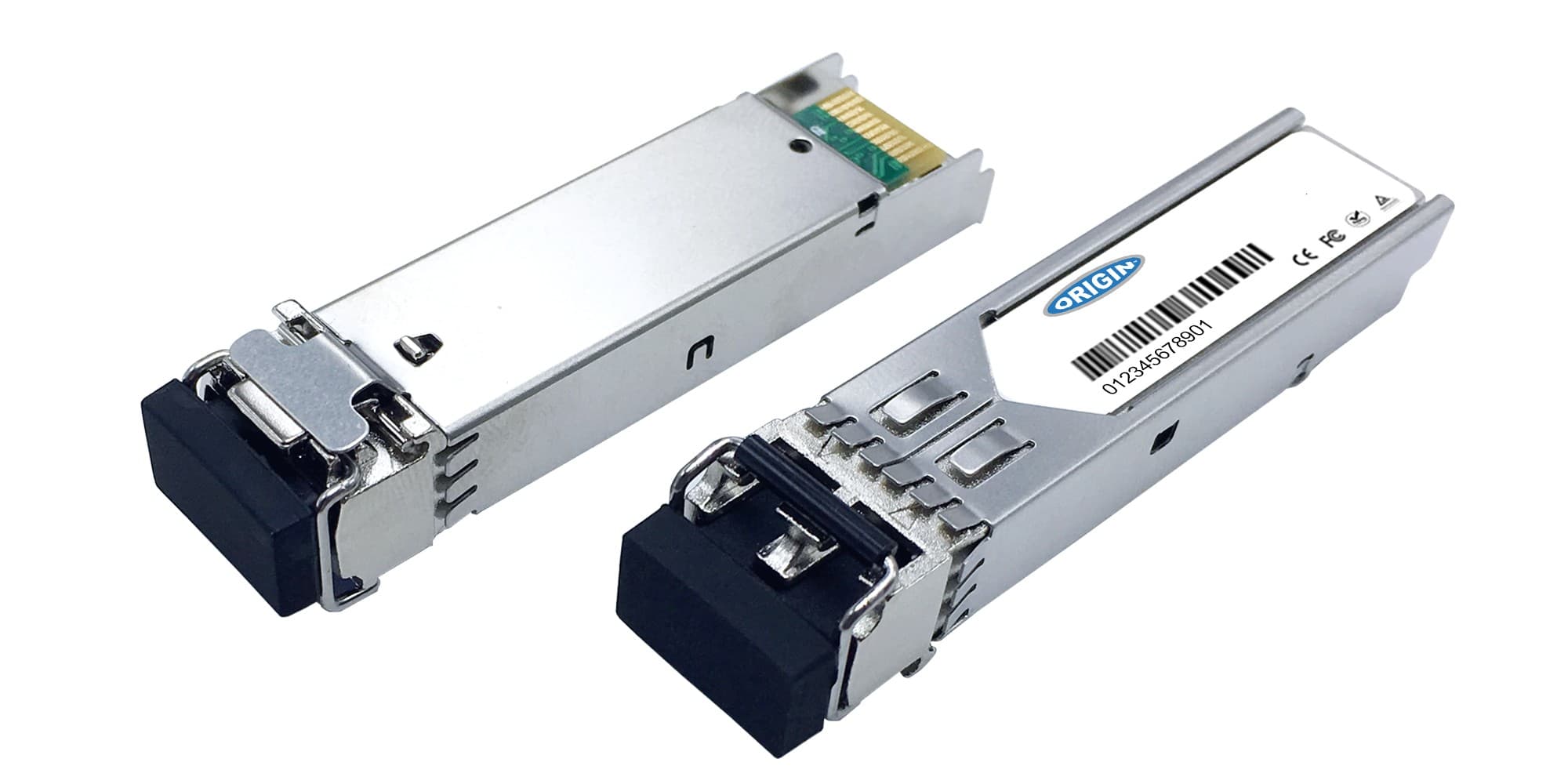 Silver metal transceiver module with a black plastic end, featuring a gold connector and a label with blue and black text, designed for HPE compatibility.