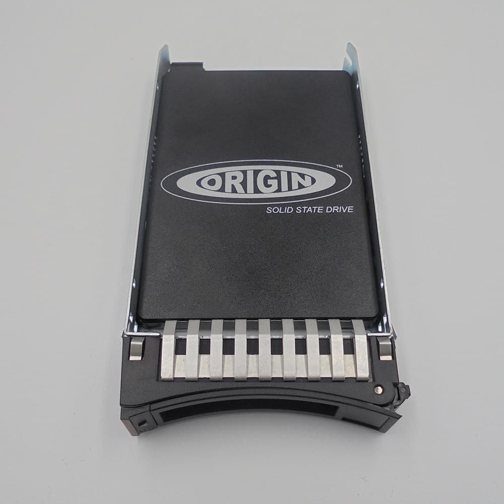 Black metal hot swap caddy housing a 3.2TB Origin Storage SSD, featuring a silver connector interface and the "ORIGIN" logo prominently displayed on the top.