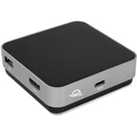 Grey OWC USB-C travel dock with USB 3.2 Gen 1 ports, HDMI, and Type-C connection, compact square design.