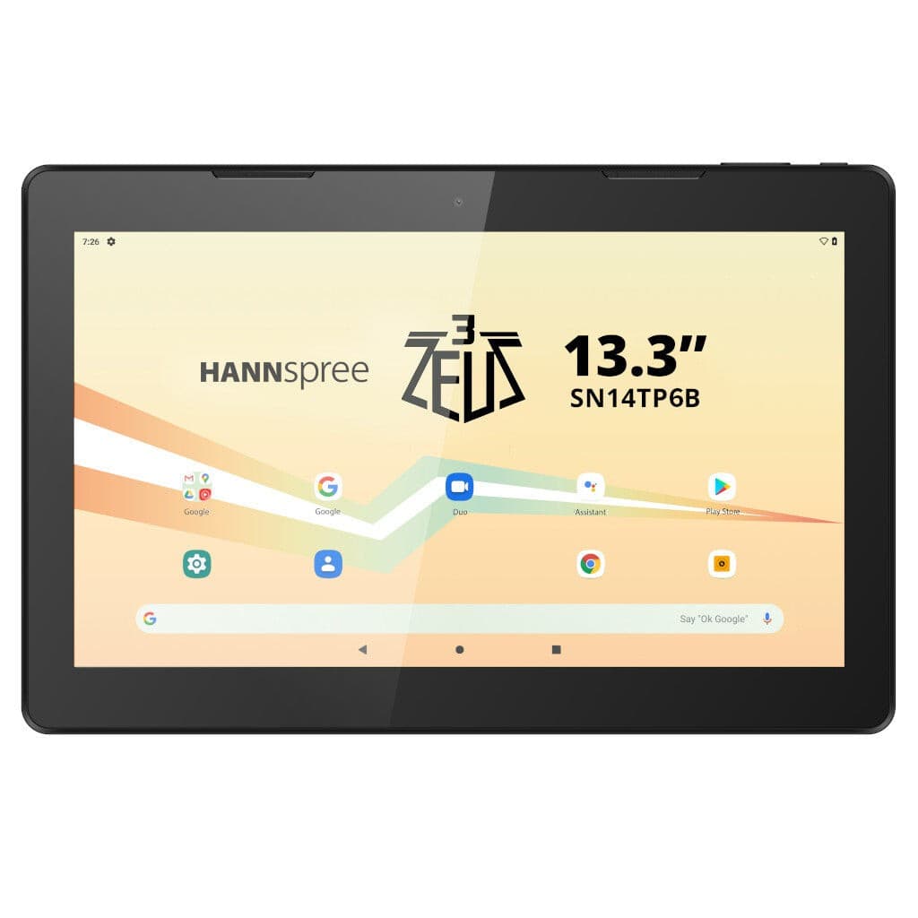 Hannspree Zeus 3 tablet with a 13.3" display, featuring a sleek black frame, 128 GB storage, 6 GB RAM, and Wi-Fi 5 connectivity, set against a vibrant yellow and orange background.