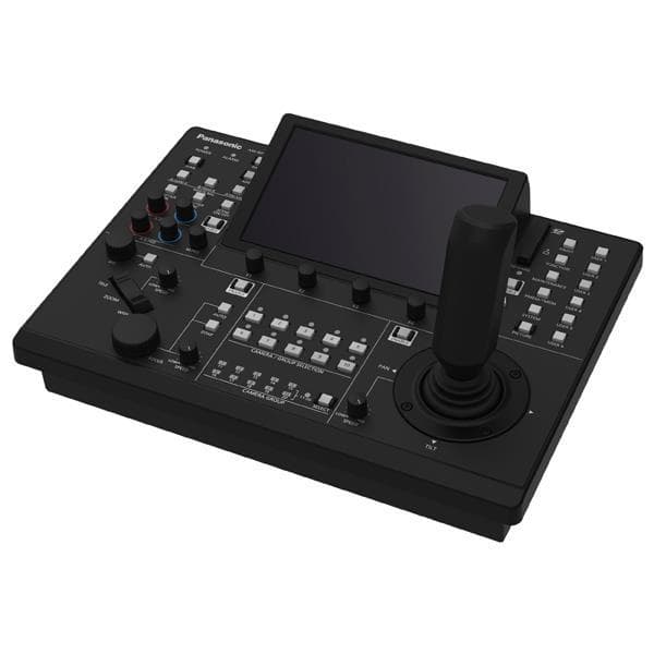 Black Panasonic AW-RP150 remote camera controller featuring a joystick, multiple buttons, and a display screen for camera control and settings adjustment.