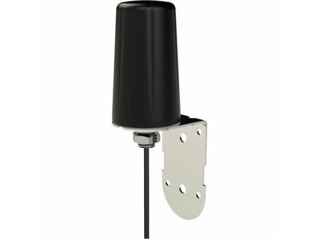 Black omni-directional antenna with a cylindrical design, mounted on a silver metal bracket, featuring a coaxial cable for network connectivity.