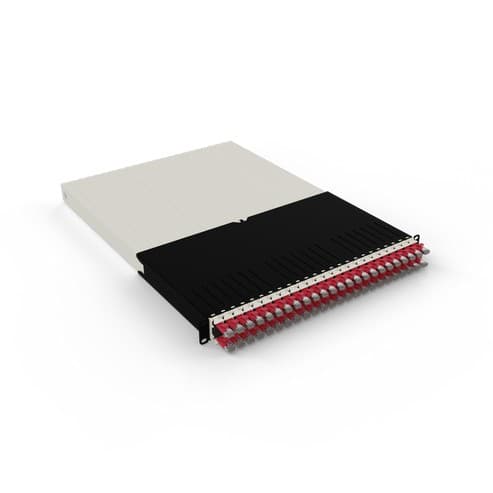 Red 30RU patch panel by PATCHBOX featuring a sleek design with a black front and multiple red ports for efficient cable management.