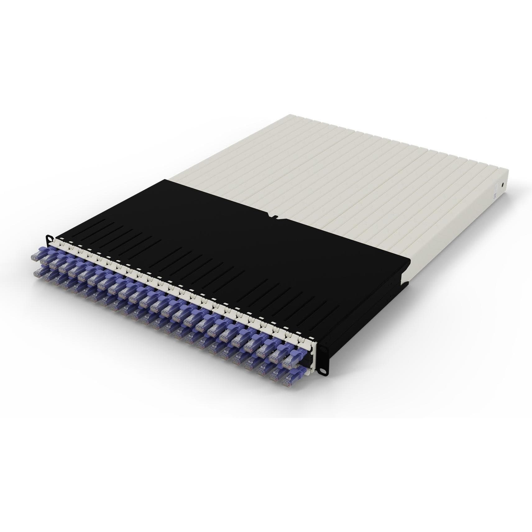 Grey PATCHBOX .one patch panel with 30RU capacity, featuring a sleek design, black front, and multiple blue UTP ports for organized network connections.