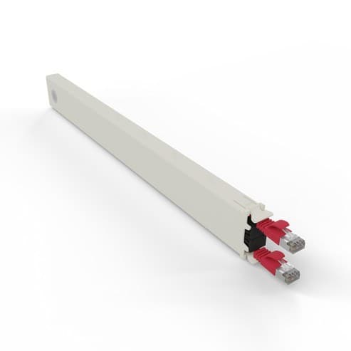 Long, slim red cassette with multiple ports, designed for 8RU rack units, featuring a sleek, modern design and made from durable material.