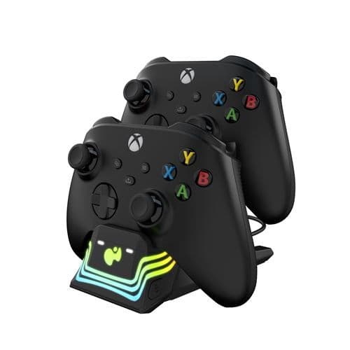 Black dual charger for Xbox controllers with a sleek design, featuring vibrant LED lights and a compact base for easy charging and storage.