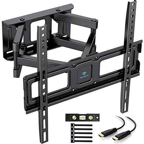Black metal TV wall bracket with swivel and tilt features, designed for 26-65 inch flat and curved TVs, includes installation tools and HDMI cable.