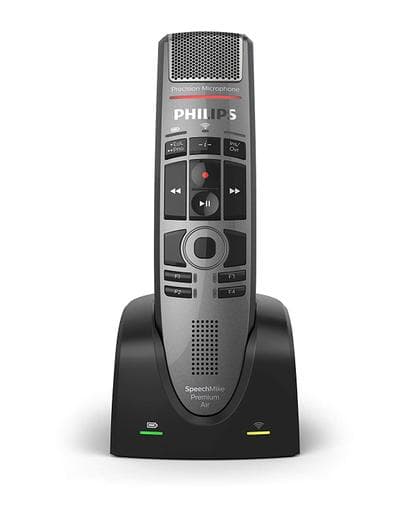 Wireless dictation microphone in sleek black and silver design, featuring a push button interface, playback controls, and a charging dock with indicator lights.