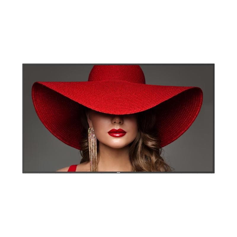 Philips 75BDL4650D digital signage flat panel features a 75-inch LCD display showcasing a close-up of a woman wearing a large red hat and bold red lips against a dark background.
