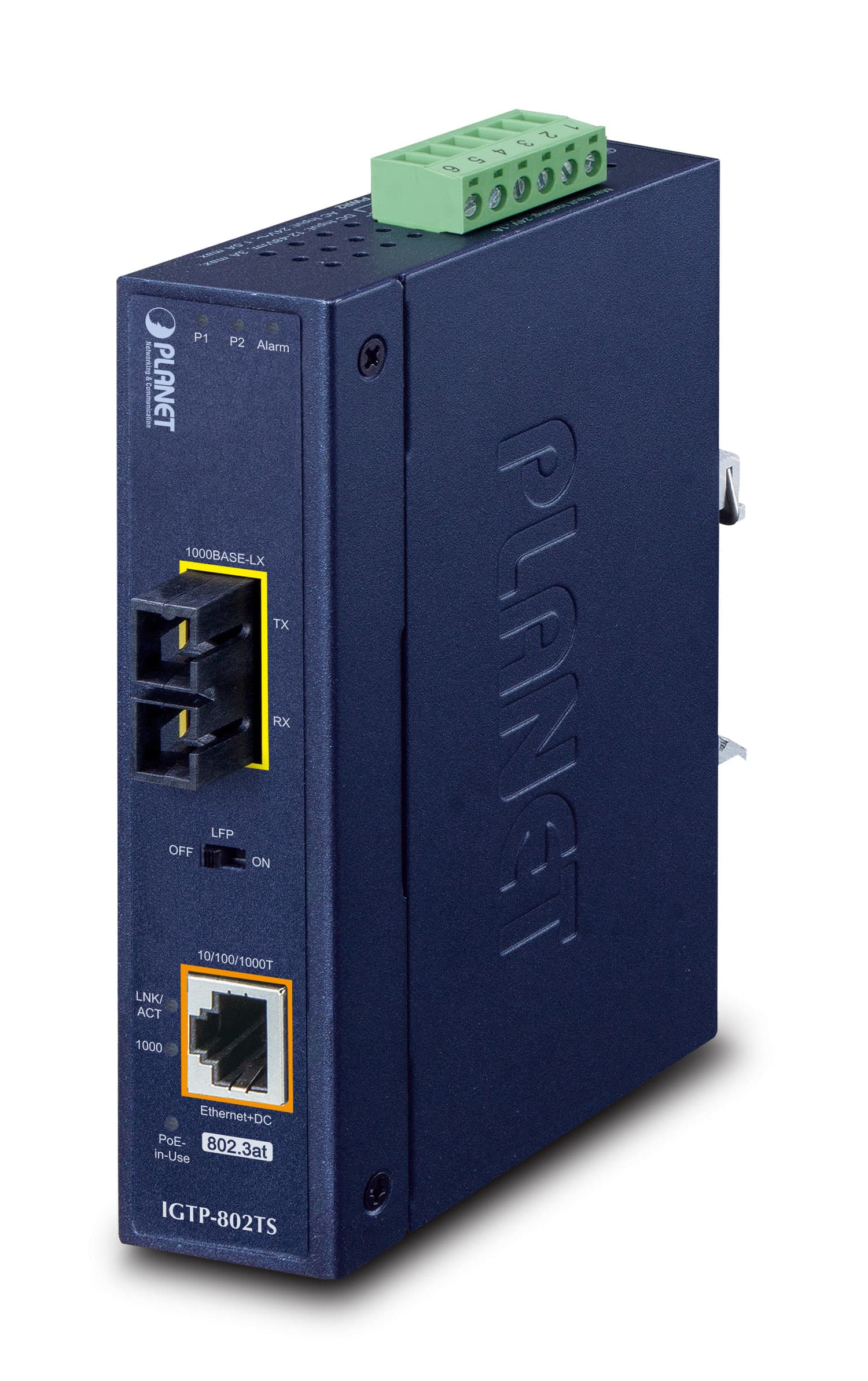 Planet RJ45 Industrial Media Converter in dark blue metal housing, featuring dual Ethernet ports, LED indicators, and a green terminal block for connections.