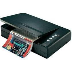 Plustek OpticBook 4800 scanner in black, featuring a flatbed design with a hinged lid, control buttons on the front, and an open book positioned for scanning.