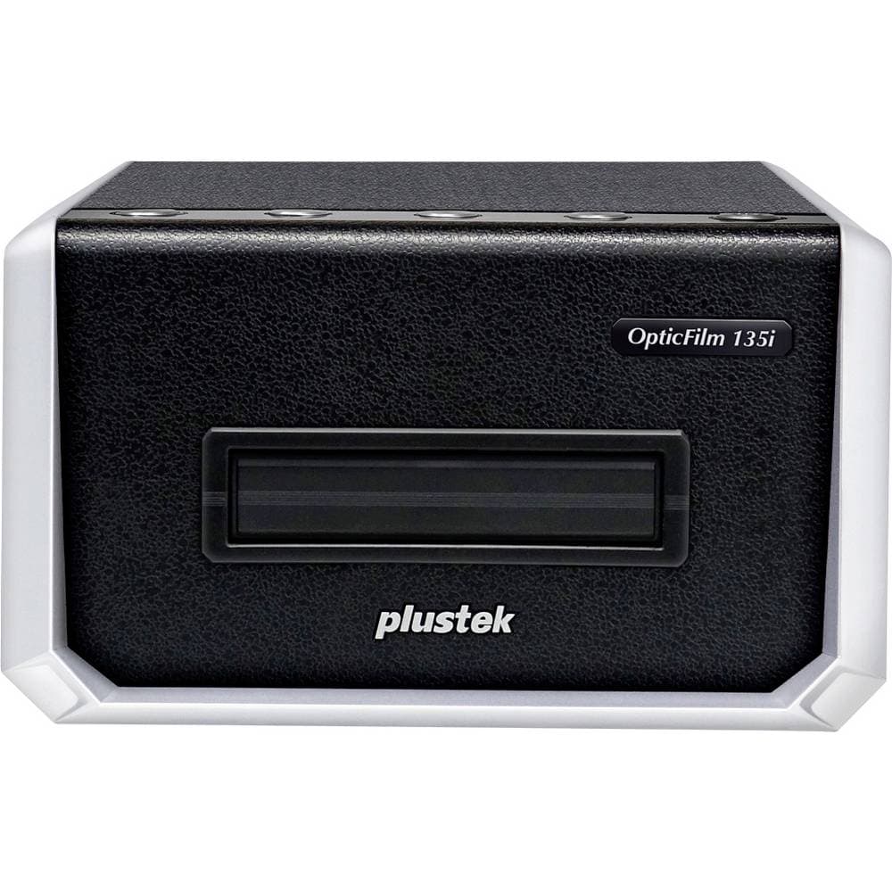 Compact black scanner with a textured finish, featuring a white trim, a front slot for film, and labeled buttons on the top for easy operation.