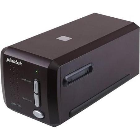Plustek OpticFilm 8300i SE Scanner in dark brown with a sleek design, featuring a power button, LED indicator, and a film slot for scanning 35mm negatives and slides.