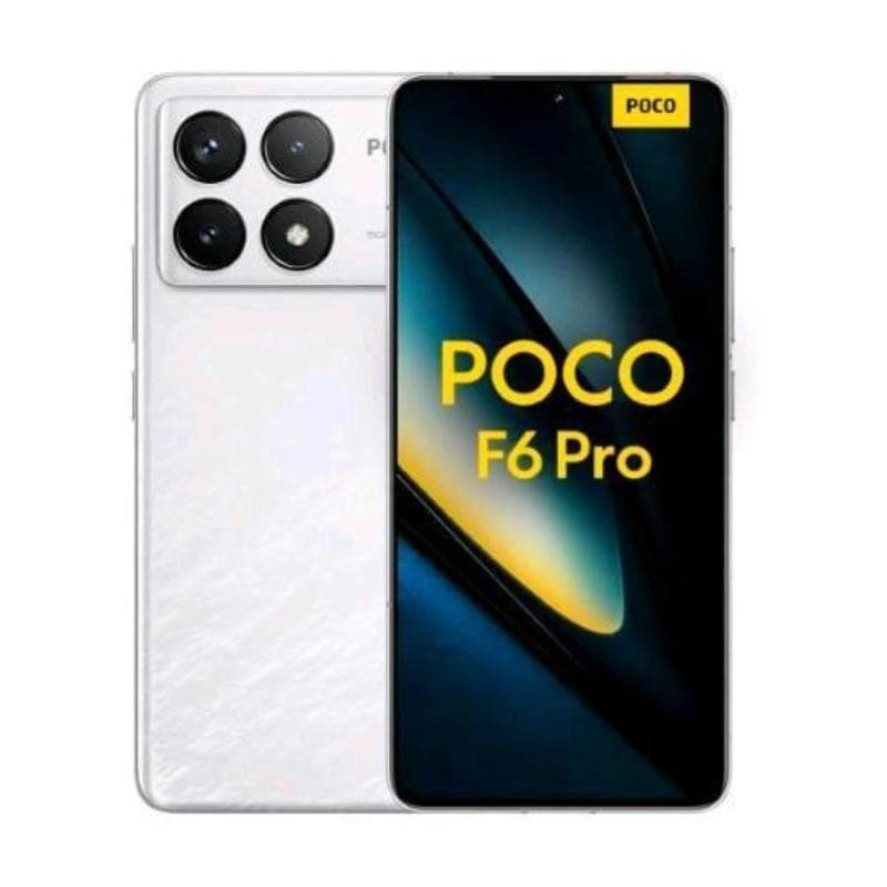 Xiaomi Poco F6 Pro in Europa White features a sleek design, a 6.67-inch display, four rear cameras, and a prominent "POCO" logo on the front.