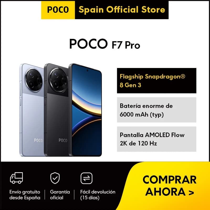 Xiaomi Poco F7 Pro 5G in black, featuring a dual SIM slot, 512GB storage, 12GB RAM, and a large AMOLED display with a 120 Hz refresh rate.