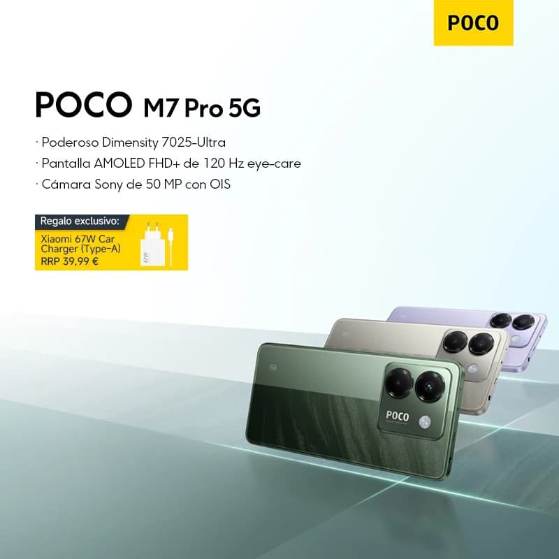 Xiaomi POCO M7 Pro 5G smartphone in three colors: green, purple, and silver, featuring a powerful Dimensity 7025-Ultra chip, 120 Hz AMOLED display, and 50 MP Sony camera.