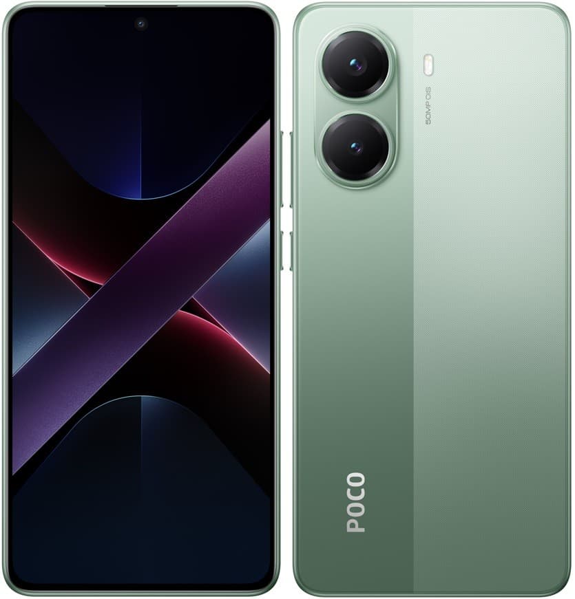 Xiaomi Poco X7 Pro 5G in green, featuring a sleek design, dual rear cameras, and a large display with a centered front camera, showcasing its 12GB RAM and 512GB storage capacity.