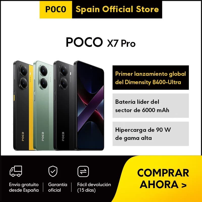 Poco X7 Pro smartphone in yellow, featuring a sleek design, triple rear camera setup, and highlighted specs like a 6000 mAh battery and 90W fast charging.