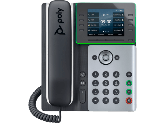 Poly Edge E350 IP phone features a black handset, a silver base with a numeric keypad, and a color display screen with green accents, designed for PoE connectivity.