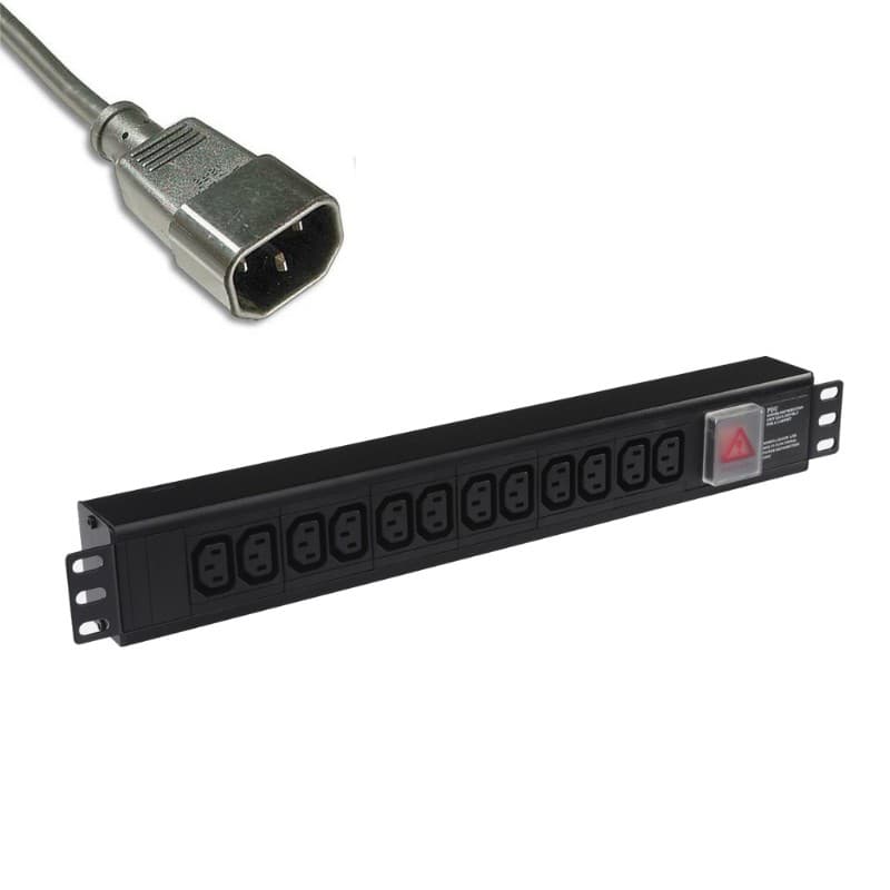 Black 12-way 19-inch rack PDU with IEC sockets, featuring a C14 plug, horizontal design, and a warning indicator on the side.