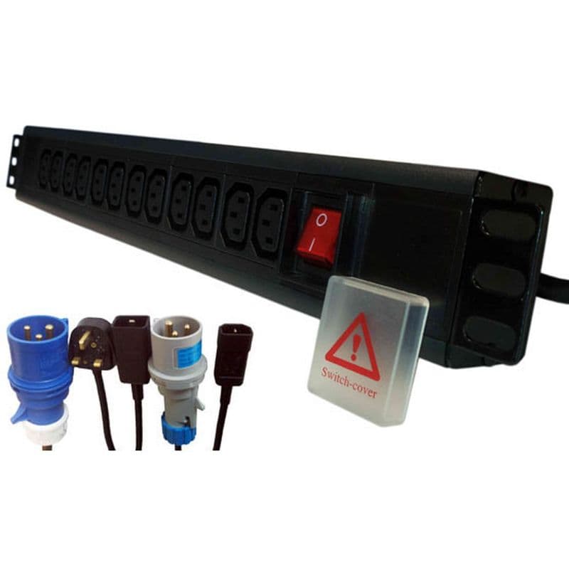 Black vertical power distribution unit with 16 IEC outlets, a red power switch, and a safety cover, designed for 19-inch racks, featuring robust construction for reliable performance.