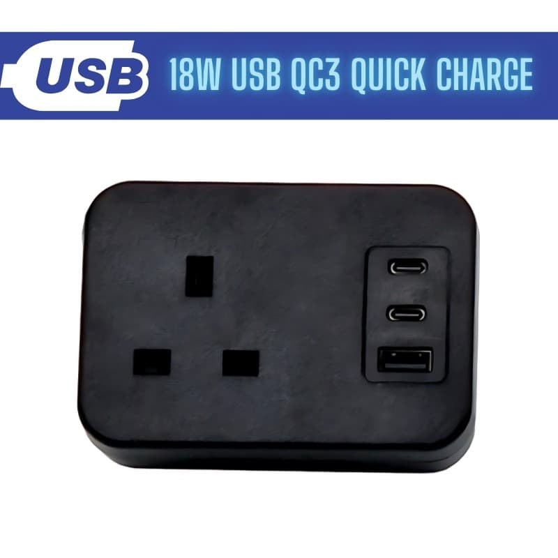 Black desktop charger with one power socket and three USB ports, including dual USB-C and one standard USB, featuring an 18W quick charge capability.