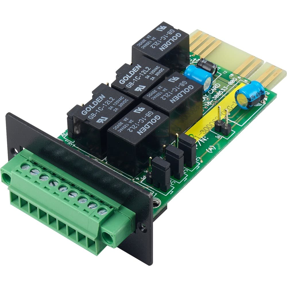 Internal interface card featuring a green circuit board with multiple black relays, connectors, and electronic components, designed for PowerWalker systems.