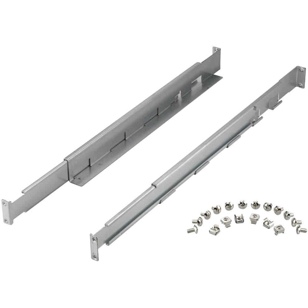 Silver metal rack kit for 1-3KVA 19" UPS, featuring two long brackets and a set of screws and mounting hardware for installation.