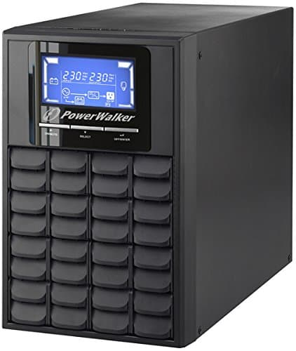 Black PowerWalker VFI 1000C LCD Uninterruptible Power Supply with a digital display, multiple buttons, and a grid of ventilation slots on the front panel.