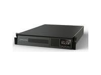 Black PowerWalker VFI 3000 RMG PF1 Uninterruptible Power Supply with a sleek design, front display panel, and multiple input/output ports for reliable power protection.