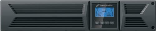 Black PowerWalker VI 1500RT LCD UPS with a digital display, featuring eight AC outlets and ventilation grilles for cooling, designed for 1.5 KVA and 1350 W power capacity.