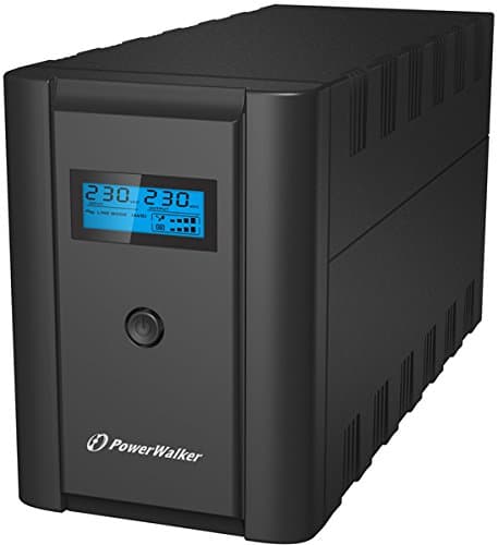 Black PowerWalker VI 2200 LCD/IEC Uninterruptible Power Supply with a blue LCD display, featuring a power button and ventilation grooves on the sides.