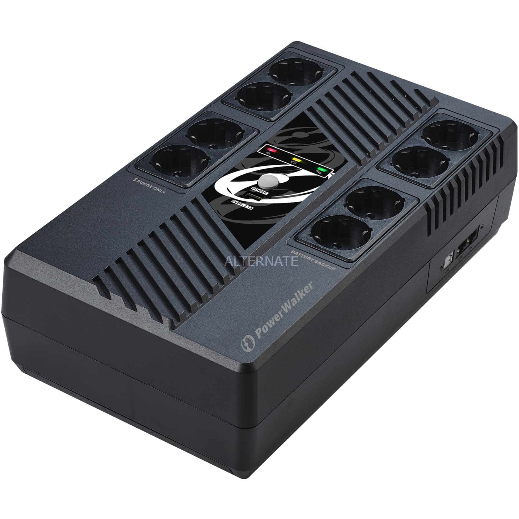 Black line-interactive UPS with 8 AC outlets, featuring a sleek design, LED indicators for power status, and a compact structure suitable for desktop use.